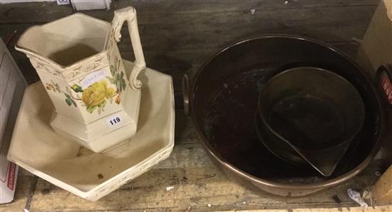 Copper pan, brass grain scoop & tray, jug & basin